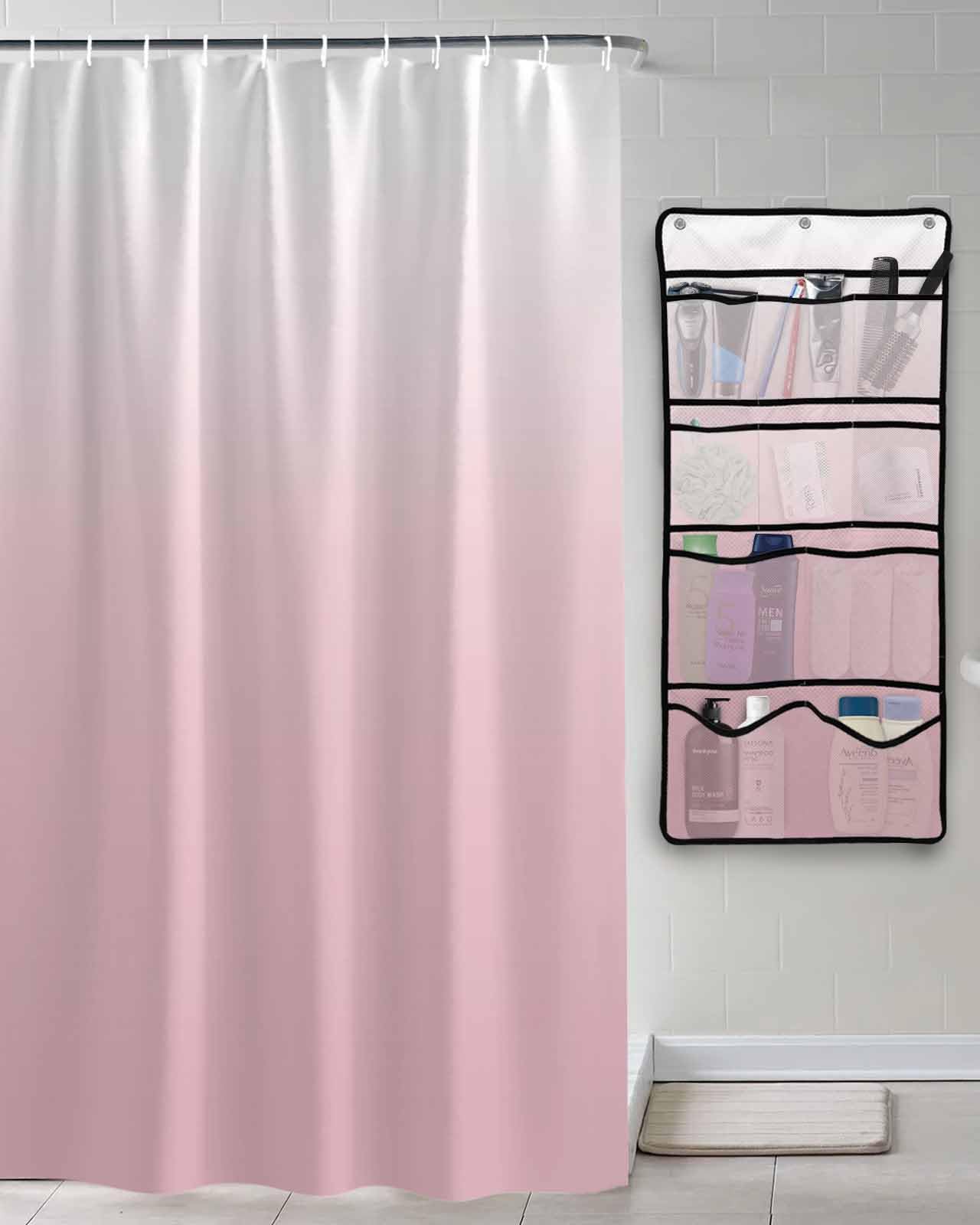 Shower Curtain Mesh Shower Organizer Hanging Set Minimalist Pink and White Gradient Waterproof Shower Curtains with 10 Pockets