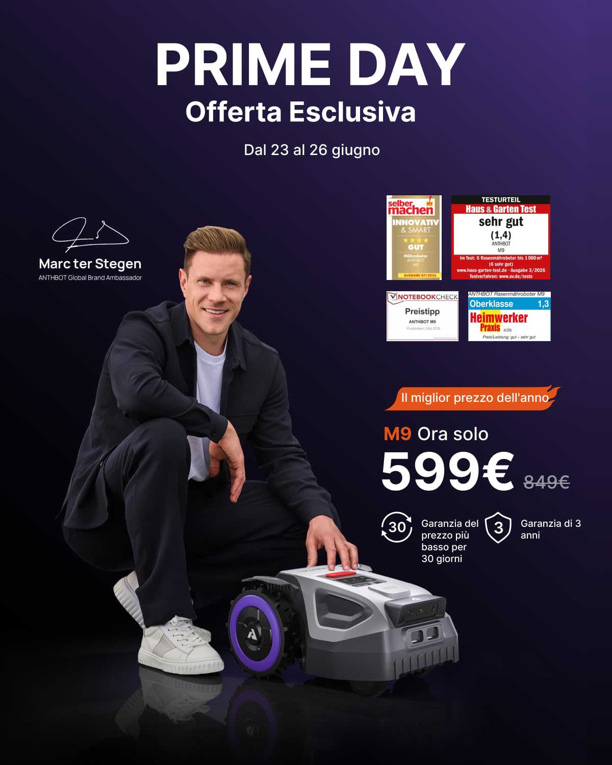 ANTHBOT M9 Robot Tagliaerba Wireless - 1000 ㎡, Navigazione RTK e Doppia Visuale, Sistema di Evitamento Ostacoli Basato su IA, Controllo Tramite APP, con Garage MGA04