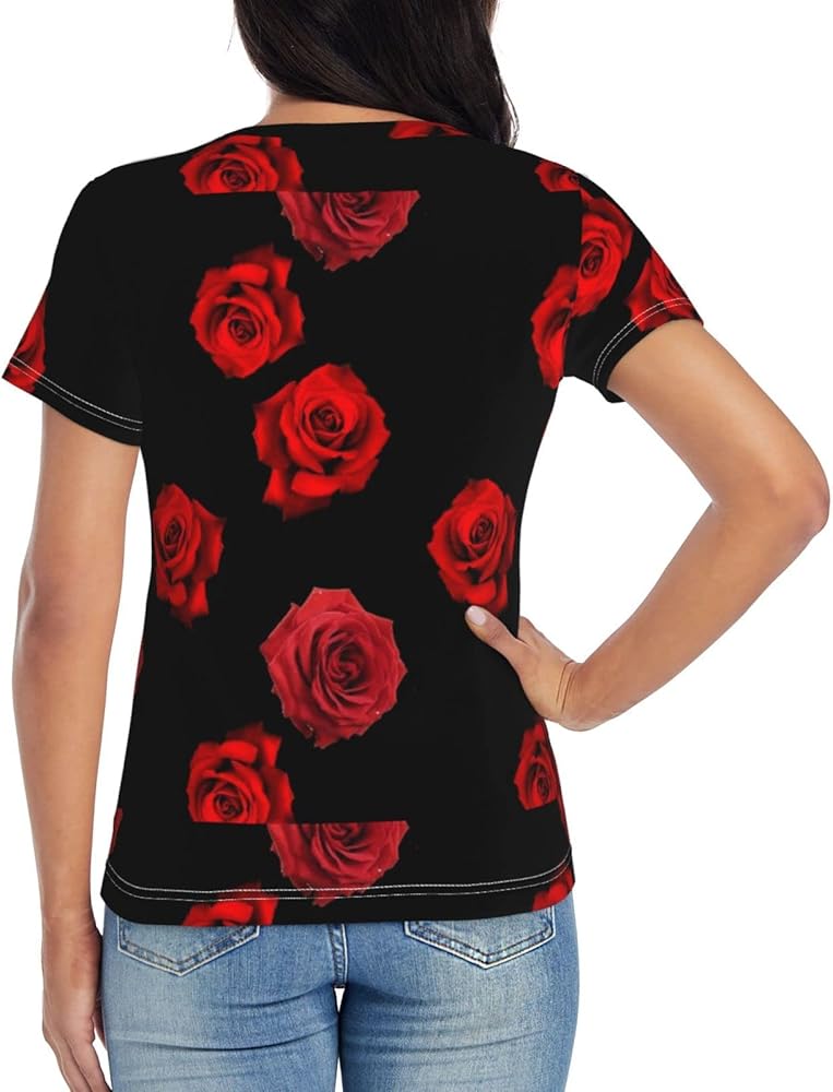 Amazon | 黒に散らばった赤いバラ 半袖 レディースtシャツ 半袖 T 