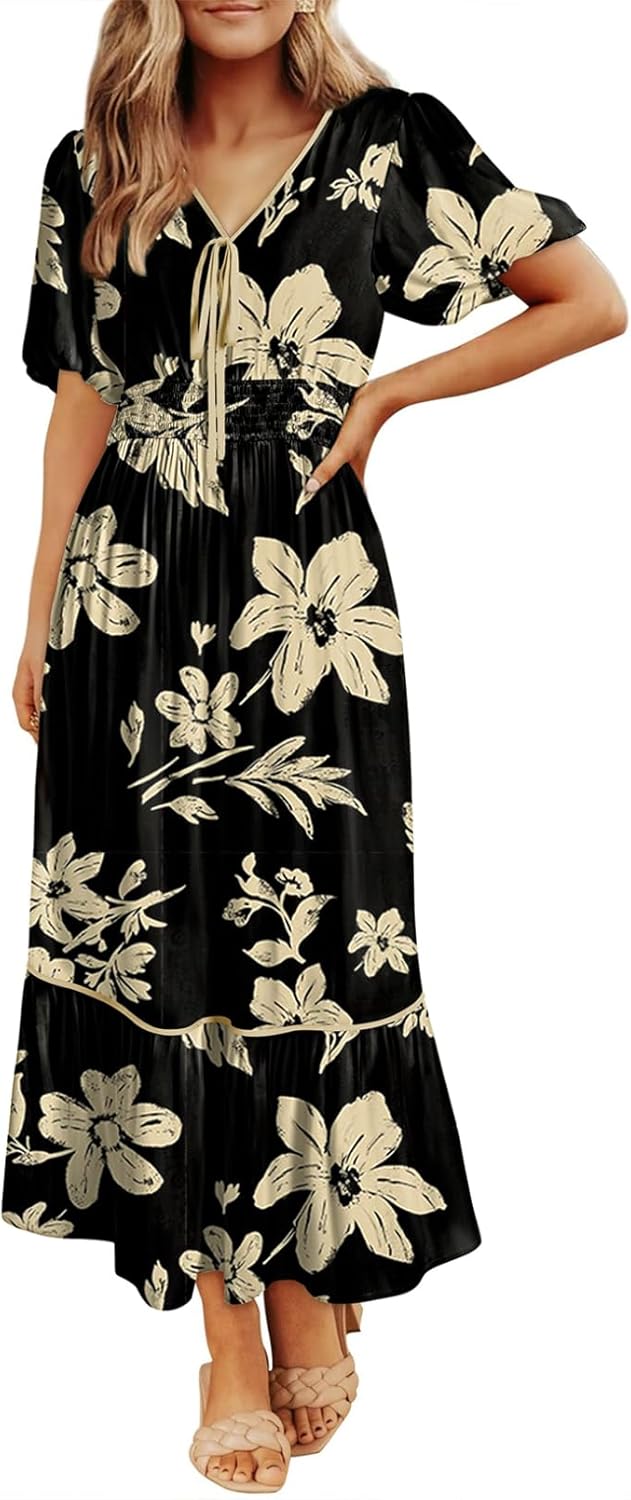 Dokotoo Womens Tie Front V-Neck Empire Waist Dress Summer Short Sleeve Smocked Wedding Guest Dress Floral Maxi Dresses
