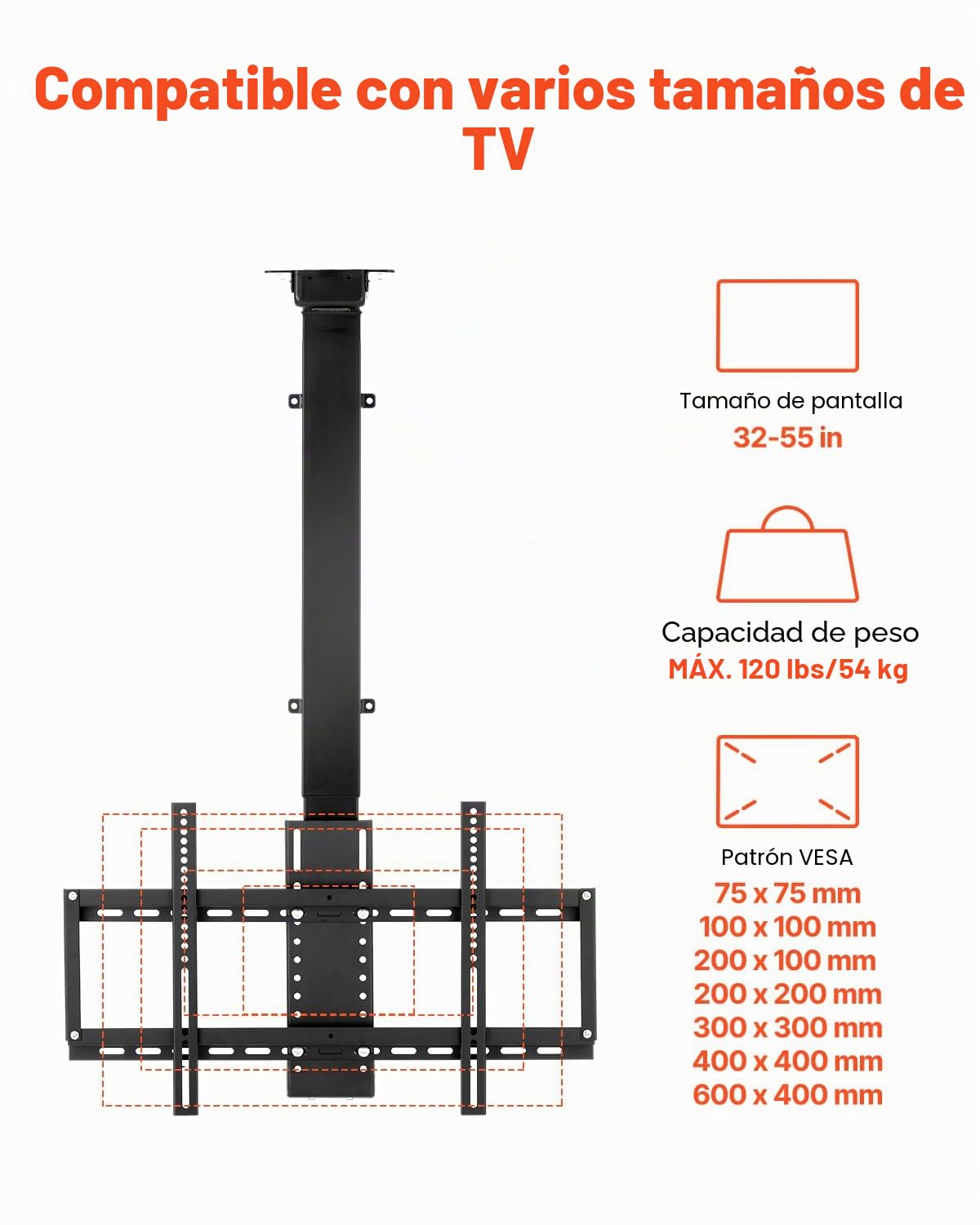 VEVOR Soporte de Techo Motorizado para Televisores de 813 a 1397 mm, Soporte Plegable Ajustable Eléctricamente Patrón Máximo de Orificios VESA de 60 x 40 cm para Televisores de hasta 54 kg