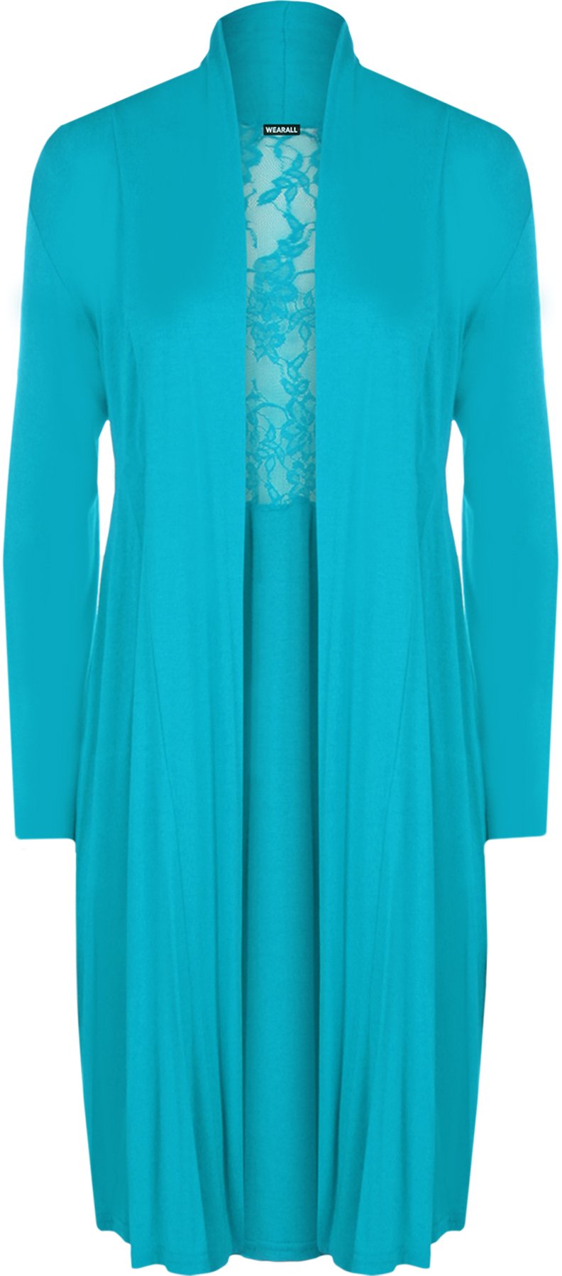 WearAll Ladies Plus Size Lace Back Cardigan Womens Long Sleeve Stretch Pleat Top Turquoise 24/26