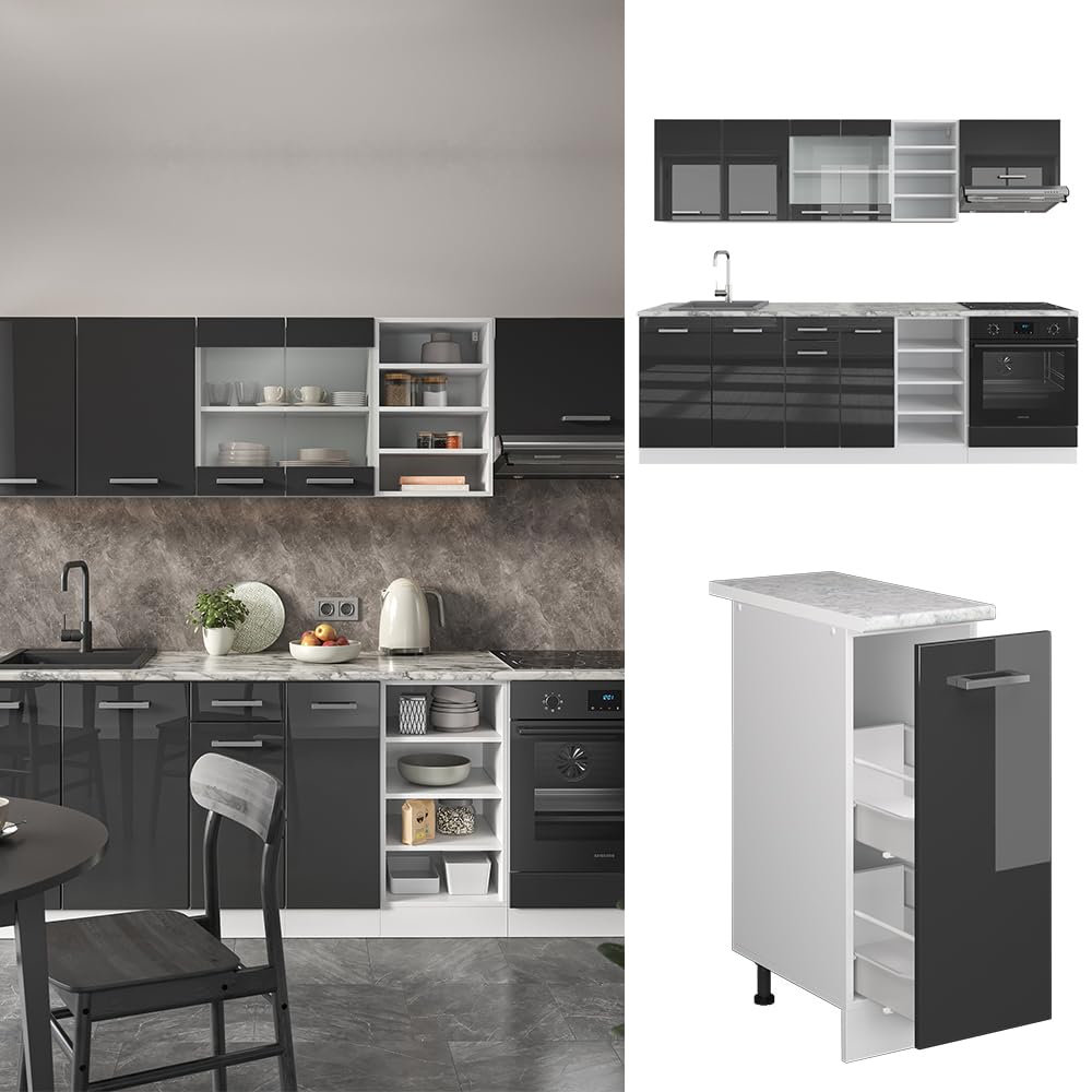 Vicco Küchenzeile R-Line, Anthrazit Hochglanz/Weiß, 240 cm ohne Arbeitsplatte, mit variabel kombinierbaren Modulen und höhenverstellbaren Füßen