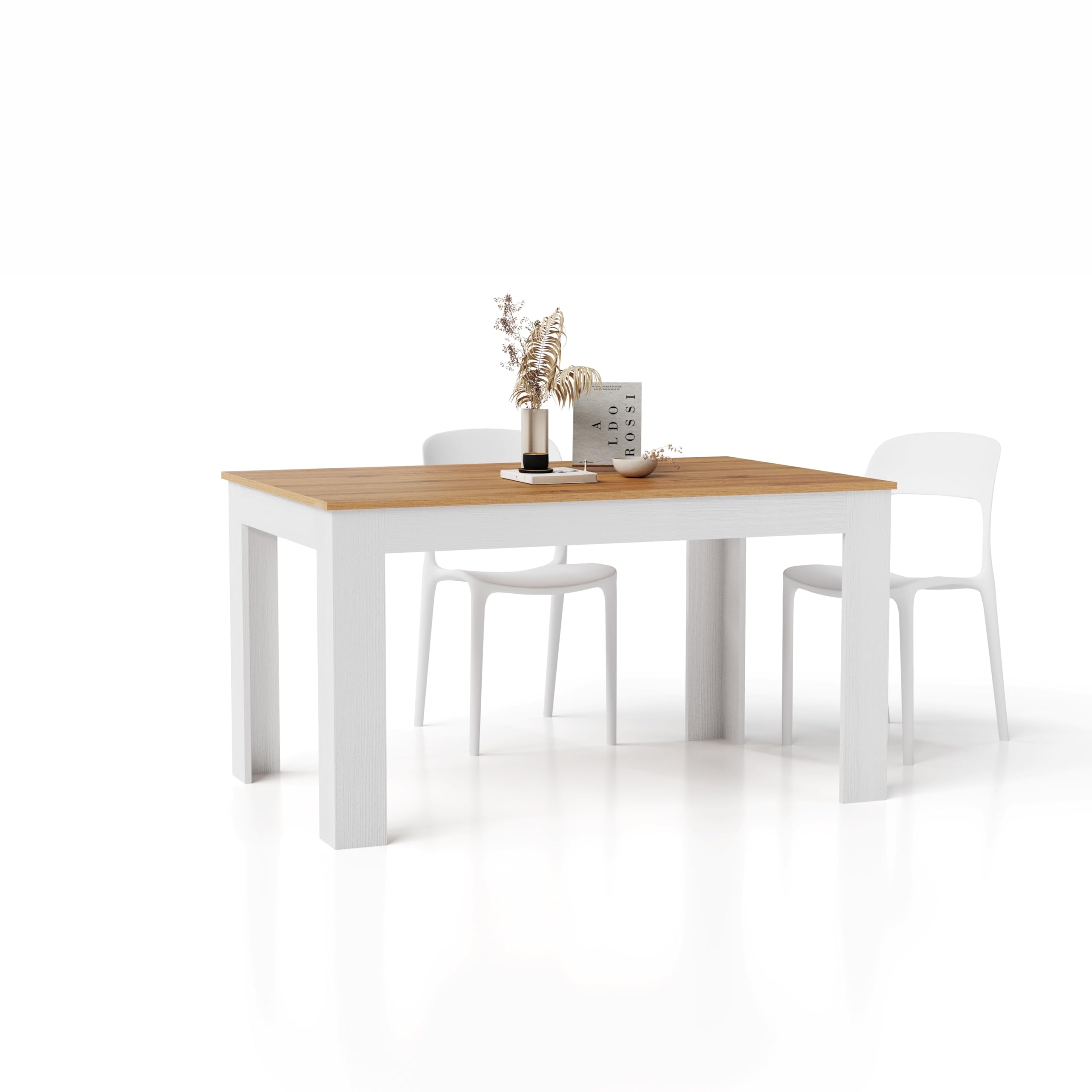 MOBILI FIVER, Ausziehbarer Esstisch Easy, 140(220) x90 cm, Rustikale Eiche und Esche Weiss, Made In Italy