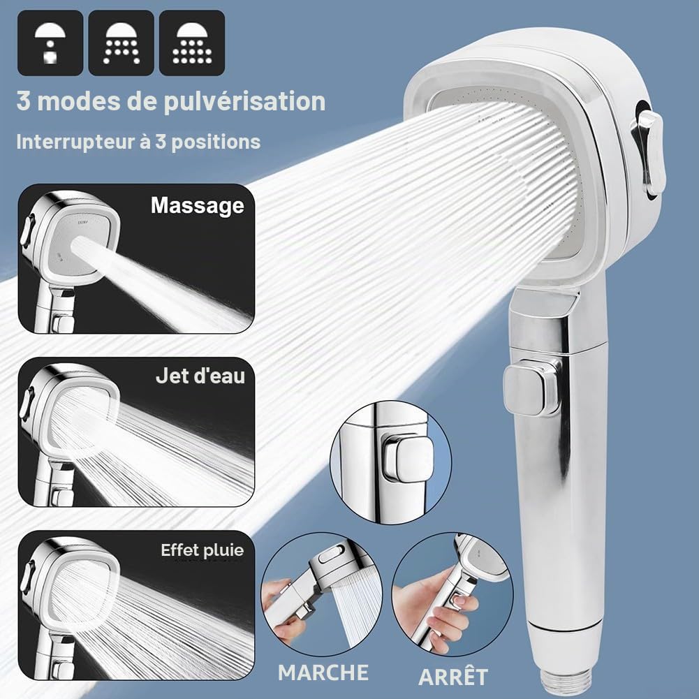 Pommeau de douche camping-car, tuyau inclus, 3 jets, haute pression, économie d'eau, interrupteur marche/arrêt, caravane, camping, mobil-home, acier inoxydable, 1,5 m