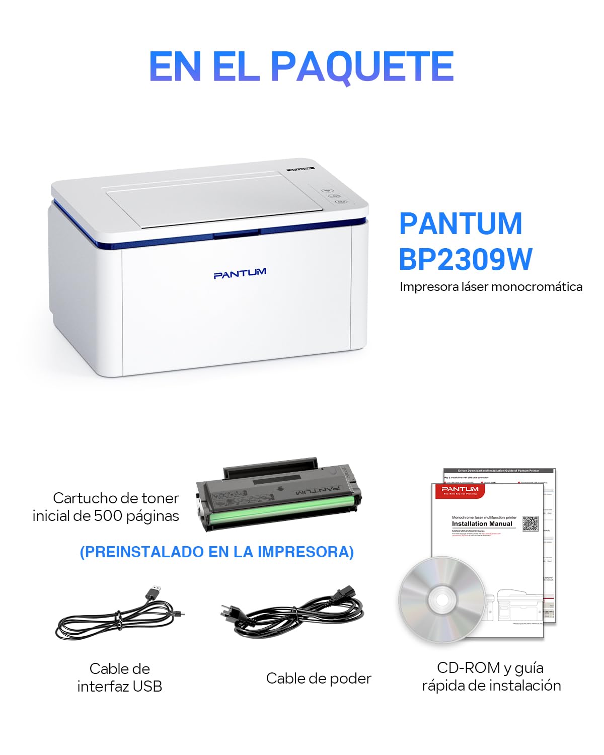 PANTUM BP2309W Impresora Láser Monocromo WiFi, Pequeña para Casa y Oficina (A4, 20 ppm, Wi-Fi Direct, Bluetooth, USB, AirPrint, Mopria), con 1 Tóner de Inicio Original