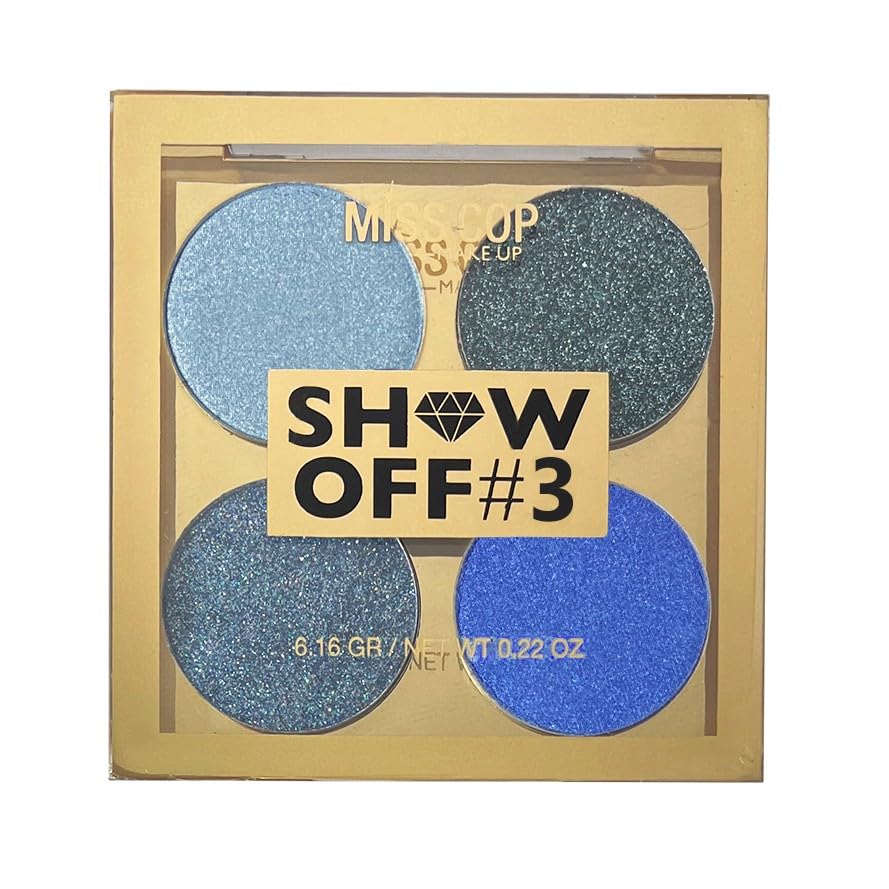 MISS COP MAKEUP - Show Off 3 – Palette Fards à Paupières 4 Couleurs – 2 Irisés & 2 Métalliques Pailletés – Facile à Estomper – Look Smoky & Party