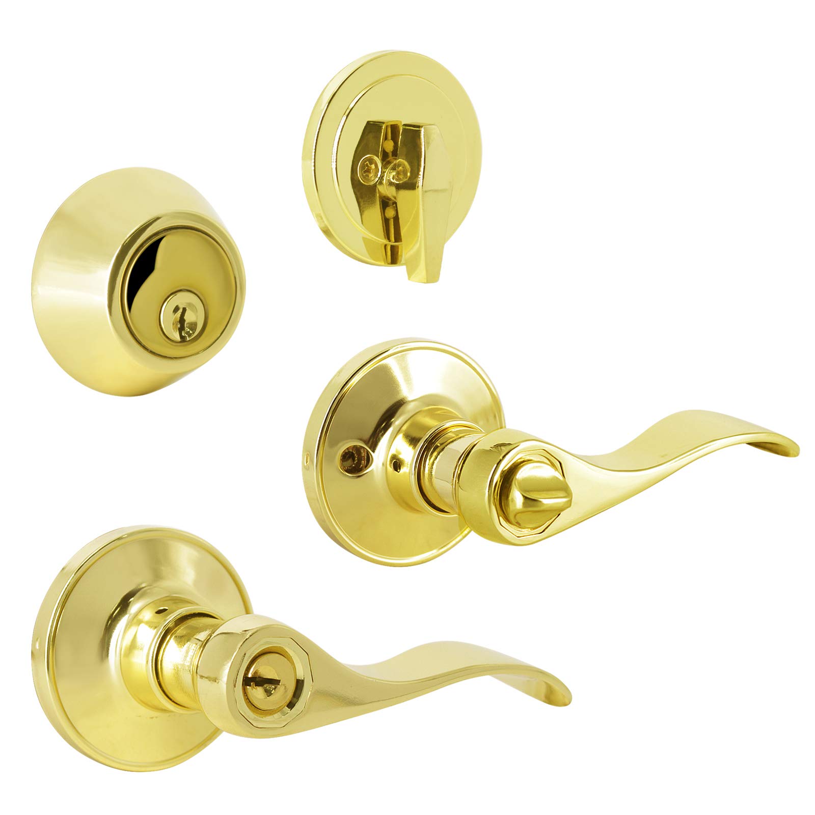 Keyed Alike Entry Door Lever with Lock and Deadbolt Combination Set, Front Door Entry Lever Lockset and Single Cylinder Deadbolt in Polished Brass,Entrance Lock Lever Combo Pack for Front/Back Door