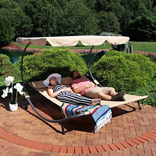 Sunnydaze Double Chaise Outdoor Lounge Bed With Canopy And Headrest Pillow, Portable Patio Sunbed Hammock Lounger, Beige #TOP6