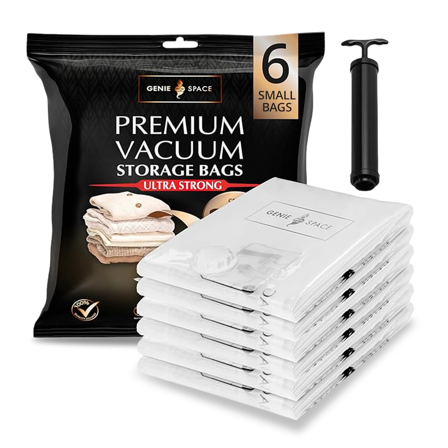 Genie Space 6 Pack Premium Vacuum Storage Bags For Clothes, Bedding And Travel, Small Size 60X40cm, Airtight, Reusable And Odour-Proof Space Saver Bags With Double Seal, With Travel Pump