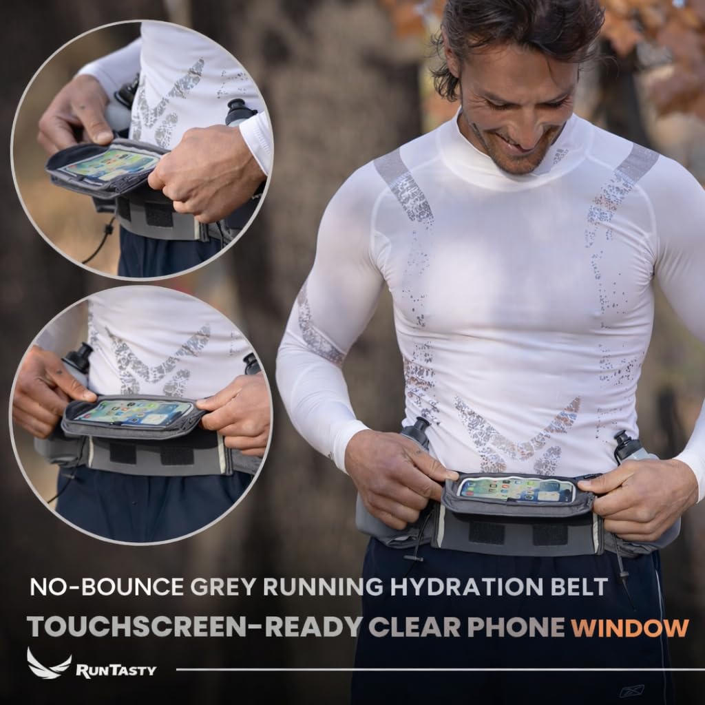 Runtasty Trinkgürtel Nr. 1 – Premium-Gewinner Lauf-Kraftstoffgürtel mit 2 BPA-freien 284 ml Wasserflaschen, kippbare Tasche mit Touchscreen-Ready-Abdeckung, passend für alle iPhones, federndes Design,