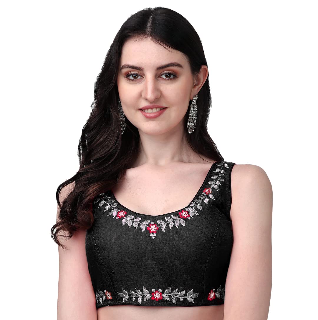 Pujia Mills Women's Silk Flower Embroidery Work Sleevless Readymade Saree Blouse (Gk 51_Back_38)