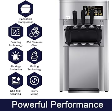 Commercial Ice Cream Machine, 1200W Ice Cream Maker Professional with LED Display, 18L/H Three Flavors, Auto Clean
