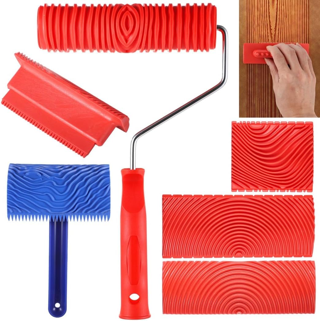 6 Piece Wood Grain Texture Painting Kit, Soft Rubber Rollers and Brushes for Furniture and Wall Decor