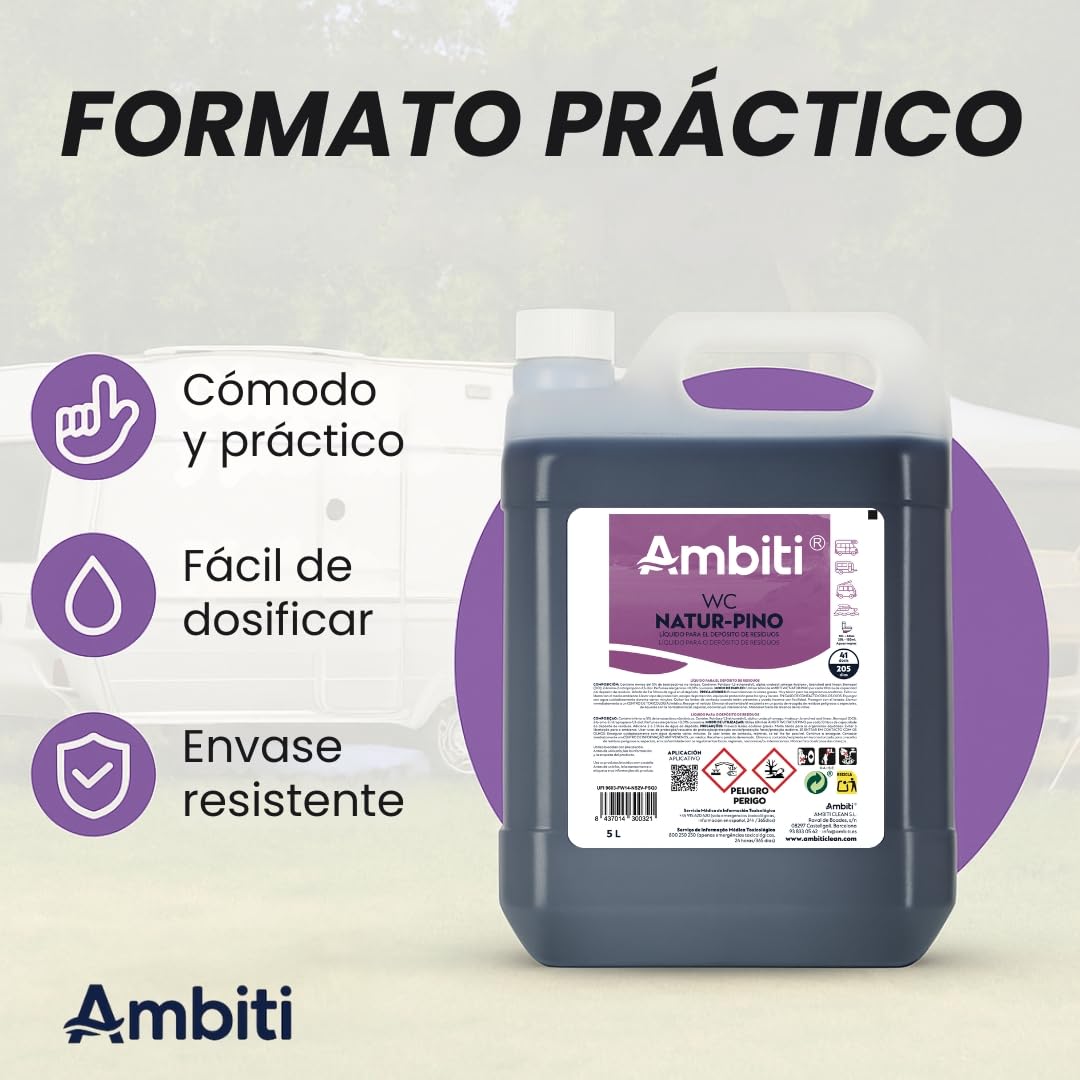 Ambiti | Natur Pino 5L | Aditivo para Depósito de Residuos Aguas Negras | Inodoros Portátiles de Autocaravanas, Caravanas y Barcos | Elimina Olores,residuos y Desinfecta | Fragancia a Pino