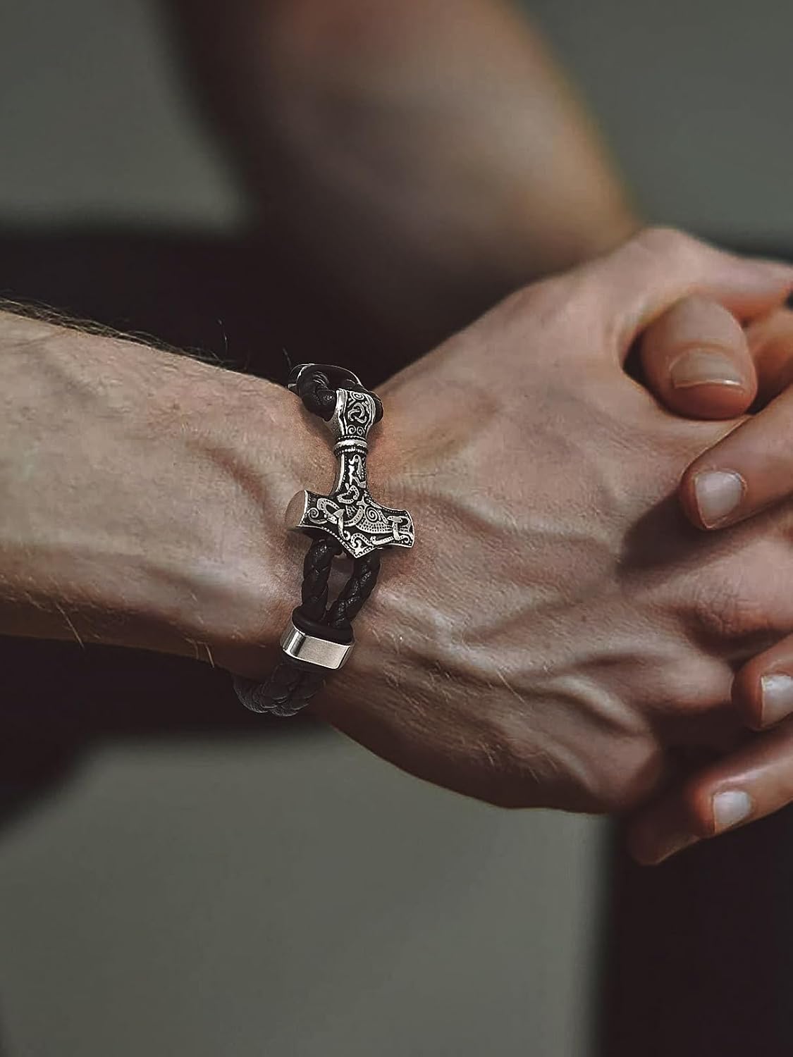 Bandmax Leather bracelet men's Thors hammer / skull / freemasonry personalised bracelet cuff bracelet with magnetic clasp bracelet accessory B-engraving-mjölnir-silver 21.0 Centimetres