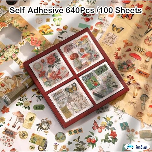 Image of FunBlast Self Adhesive 640Pcs /100 Sheets, Vintage Nature Stickers, Retro Decorative Sticker's for Scrapbook, Sticker's for Project, Japanese Style Sticker Set, Journals, Scrapbooking (Multicolor) (B)