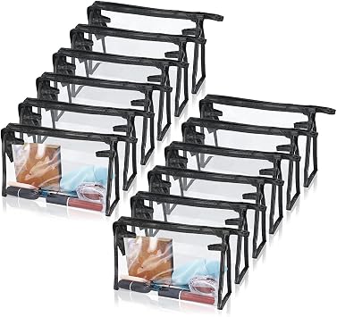 SITAKE 12 Pcs Portable Transparent Cosmetic Bags, Clear Waterproof Makeup Bags with Handle, PVC Travel Toiletry Bags Pouches, Clear Pencil Cases, Stationary OrganizersBlack