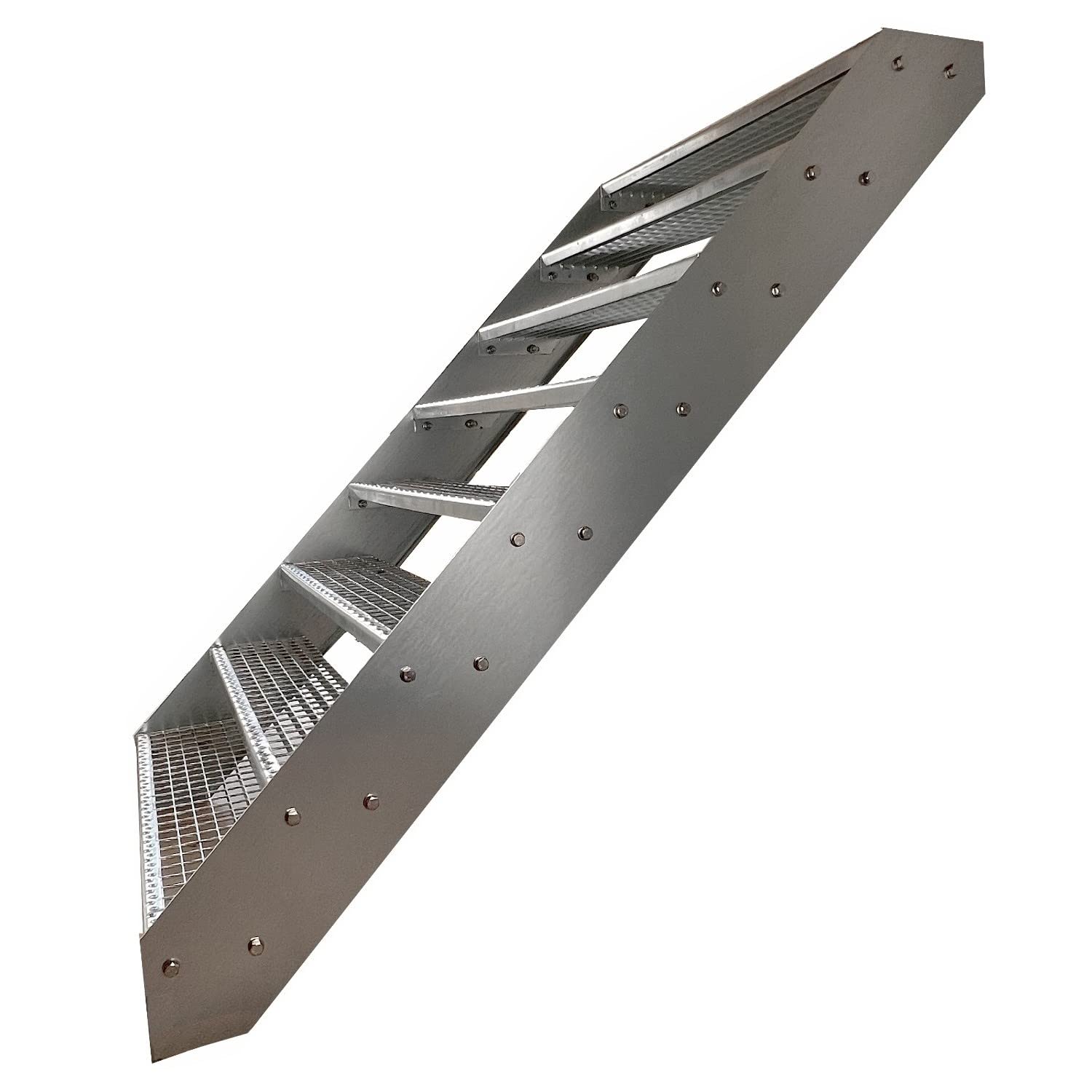 Premium Caillebotis acier Escalier à limon 8 Marches Entièrement galvanisé - Dimensions (L x l x H) 158cm x 60cm x 152cm Résistant aux intempéries et protégé contre la corrosion