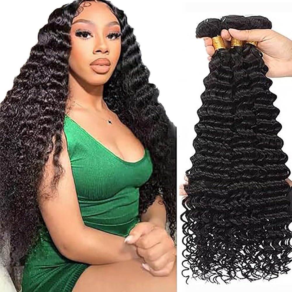 Tuheerst Deep Wave Human Hair Bundles Tissage Bresilien en lot Cheveux Humain Natural Black Human Hair Extensions 3 Bundles Tissage Cheveux Naturels Double Weft Remy Hair 14 14 14 Pouce