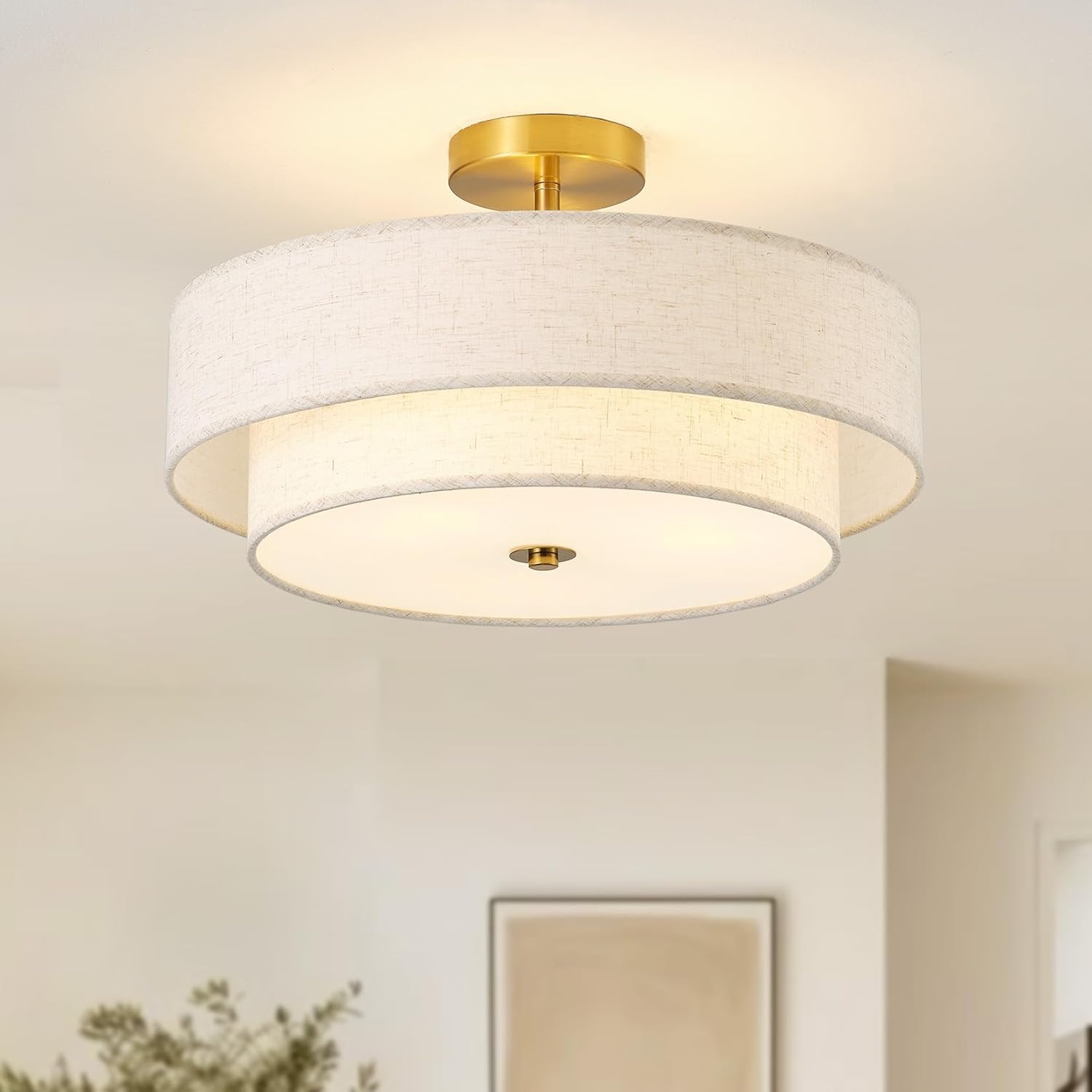 17.7" Semi Flush Mount Ceiling Light Fixtures, Gold Close to Ceiling Light Fixtures with 2-Tier Drum Fabric Lamp Shade, Modern Ceiling Light Fixtures Flush Mount for Bedroom Hallway Nursery 2-Tier Gold 17.7"
