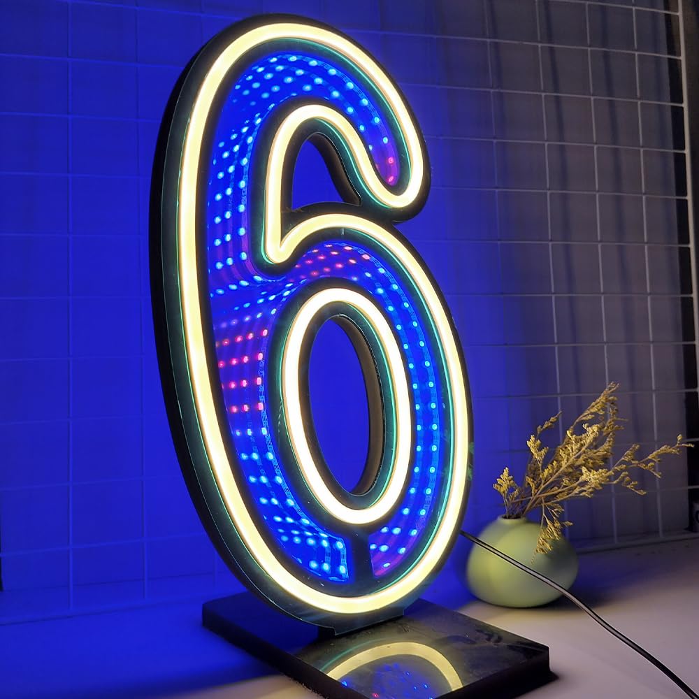 Insegna al neon 3D a LED con numero 6, 45,7 cm, dimmerabile, cambia colore, infinito a mille strati, luce a specchio alimentata tramite USB, per feste di compleanno (numero 6)