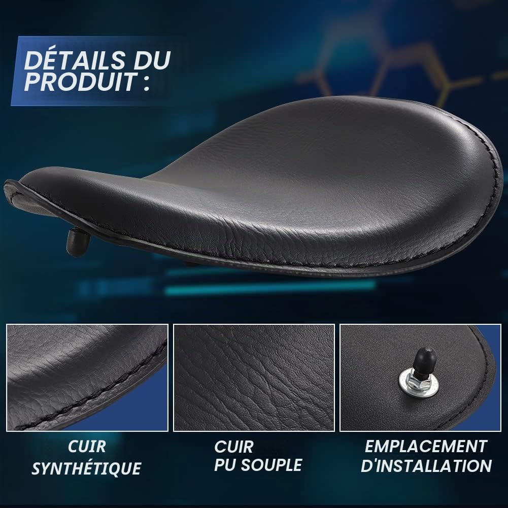 KaTur Kit de siège de moto une place en cuir avec fixation à ressort pour motos Sportster, Bobber et Chopper de marque Harley Davidson, Honda, Yamaha, Kawasaki et Suzuki 8 cm Noir
