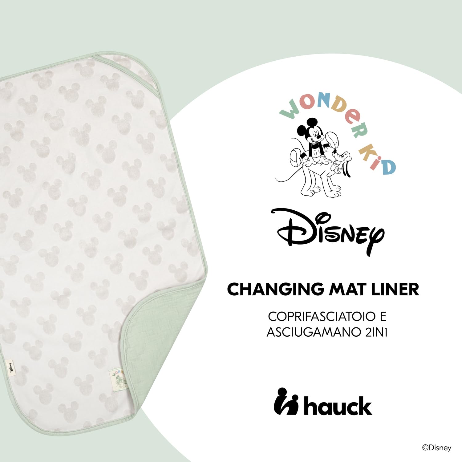 hauck Coprifasciatoio e Asciugamano 2 in 1 per Neonati, Disney Mickey Light Beige - 44 x 69 x 0,4 cm Compatibile con Fasciatoio Change N Clean - Mussola Cotone Traspirante e Spugna - con Asola
