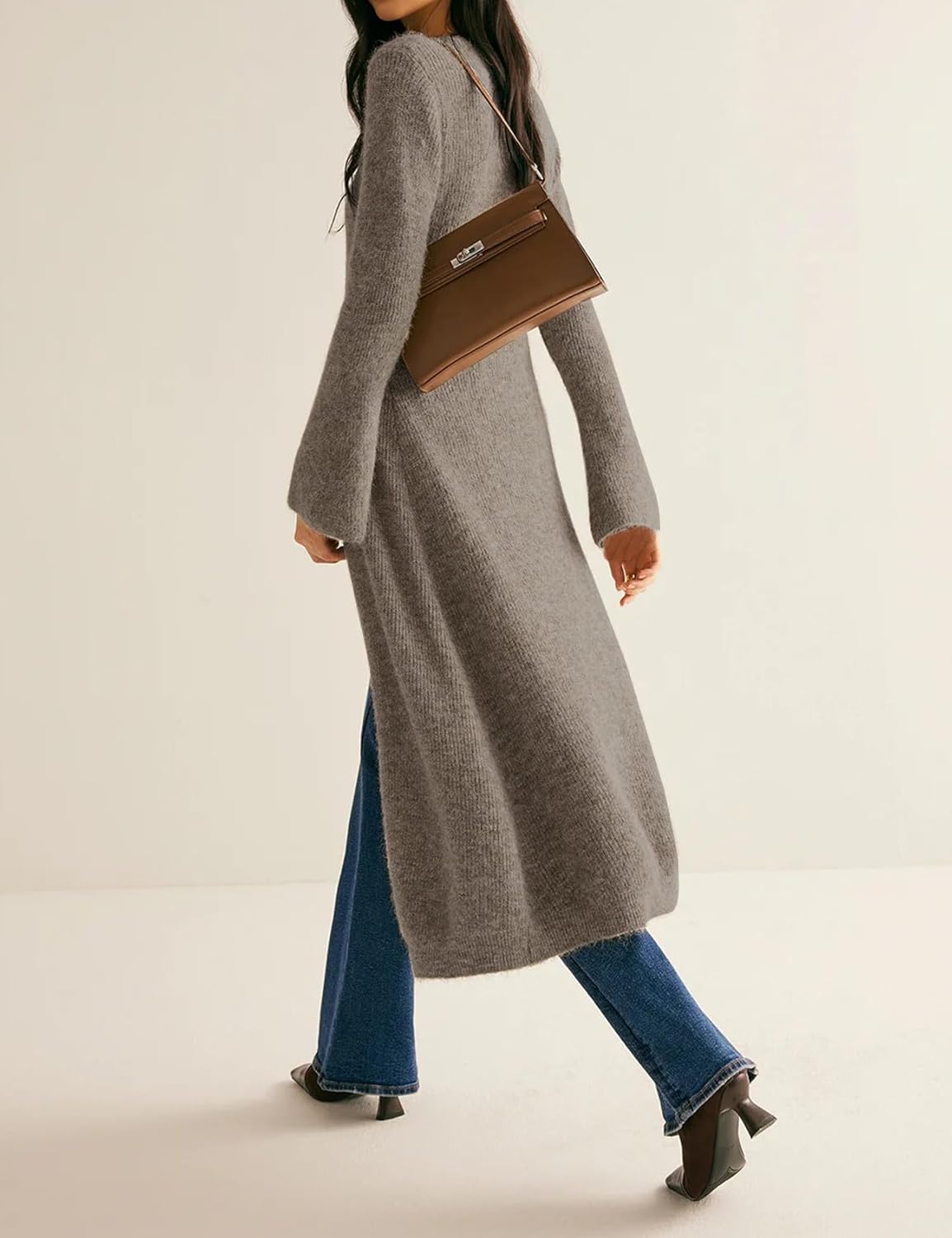 Womens Long Cardigan Sweaters Button Down Bell Sleeve Open Front Ribbed Knit Midi Dress Fall Trendy Outfits - Image 6