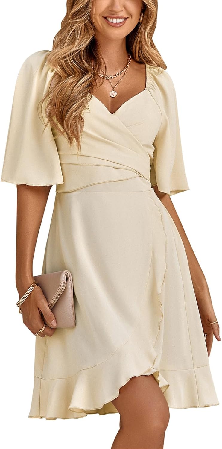ANN CREEK Women's Short Dress Wrap V Neck Smocked Elastic Waist Short Flared Sleeve Belted Ruffle Hem Party Dress 2025