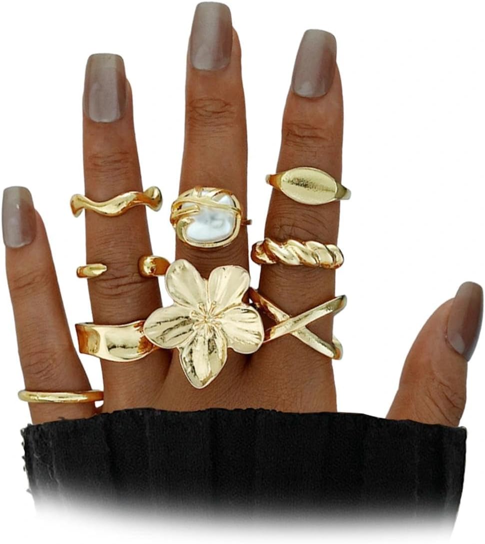 Chunky Gold Flower Knuckle Rings for Women,Vintage Square Baroque Pearl Statement Joint Rings,Trendy Geometric Aesthetic Hand Jewelry Accessories Gift