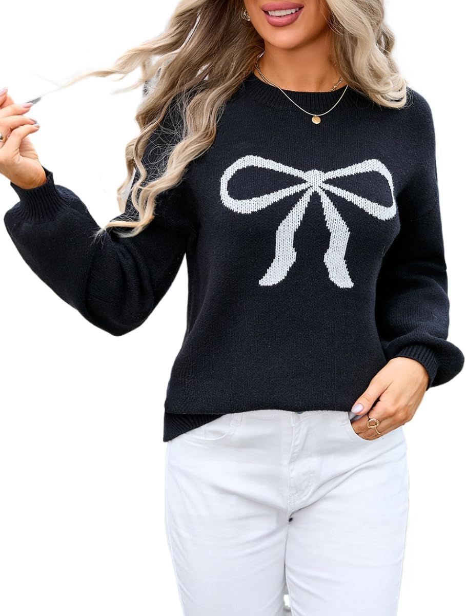 Sumleno Womens Fall Winter Casual Sweater Cute Bow Crewneck Long Sleeve Baggy Knit Sweatshirt Top Trendy Aesthetic Clothes