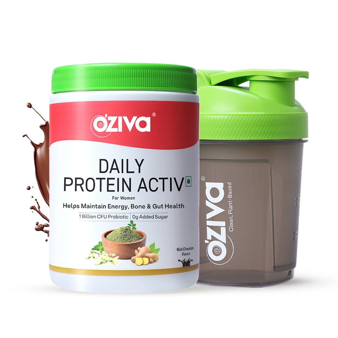OZiva Daily Protein Activ For Women, For Better Energy, Bone Health & Hormonal Balance, With Clean Protein, Tulsi, & Probiotics for Better Protein Absorption (Chocolate, 300g + Green Shaker)