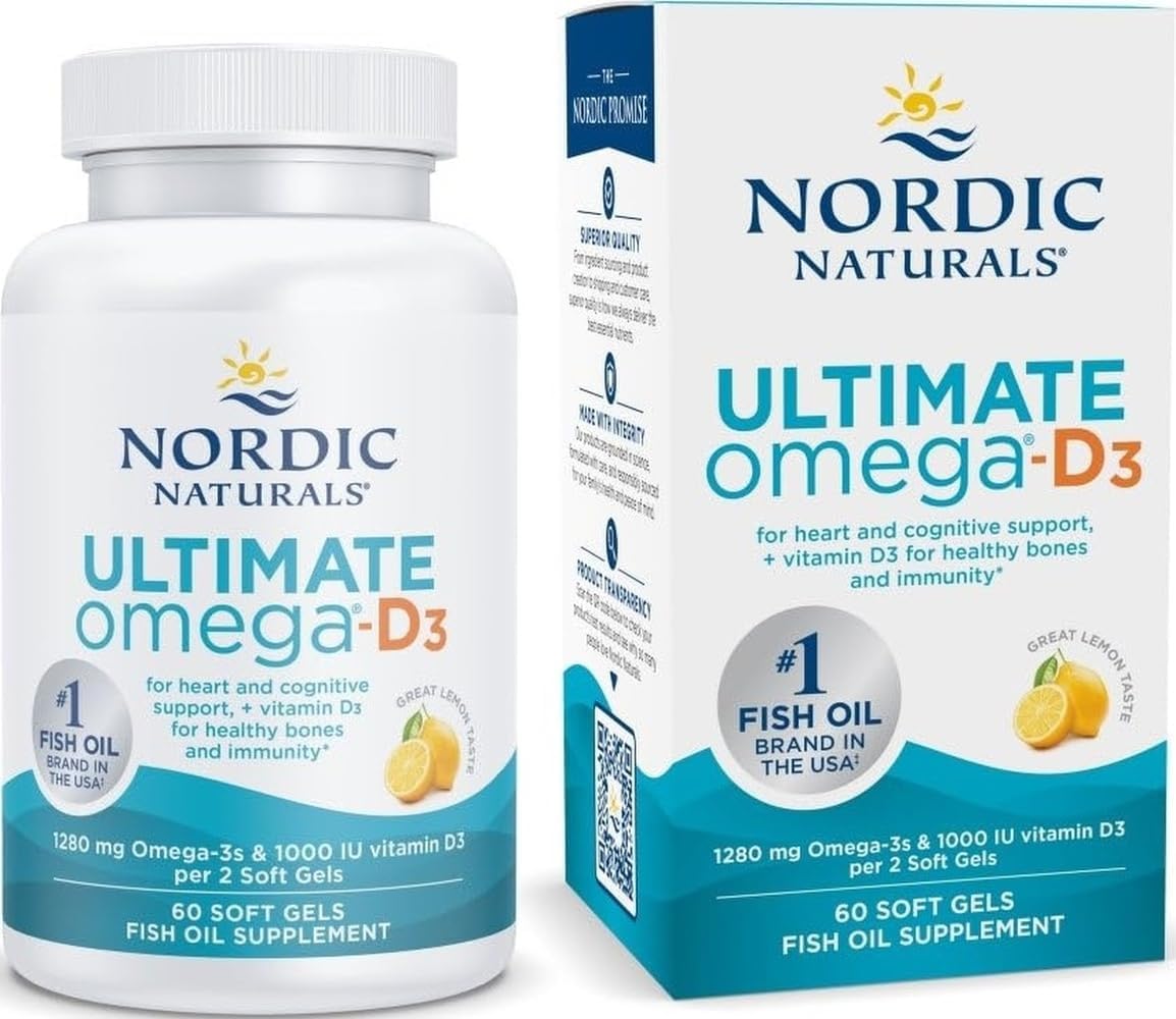 Ultimate Omega-D3,1280mg + 1000IU D3, Lemon - 60 Count | Omega-3 Fish Oil with EPA & DHA + Vitamin D3. Supports brain, heart & immune health. Lemon flavor. 30 servings. 2 per day.