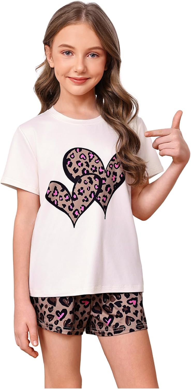 SweatyRocks Girl's 2 Piece Outfits Leopard Heart Graphic T Shirt and Shorts Summer Sets
