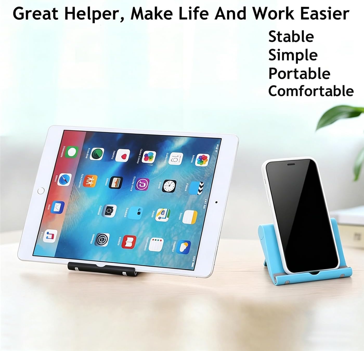Desktop Phone Stand 2 Pack, Foldable & Adjustable Universal Cell Phone Holder, Multi-Angle Desktop Dock for Phone & Tablet (Black+Blue)