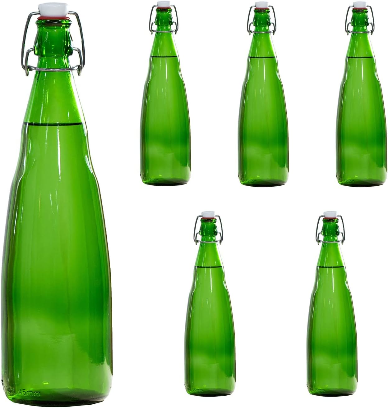 SAND DUNE Set of 6, 1000 ml Each OPT3 Green Glass clip top cap water bottle with flip top cap, Leak-Proof for water, Juices - Reusable Travel Glass Drinking Fridge Bottles