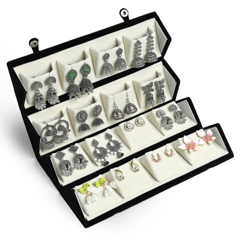 Image of 16 Pair Oxidised Silver Earring Jhuma Box Combo Set - Traditional Jhumka Earrings, Chandbali & Stud Collection for Women, Silver Trendy 16 Pair Earrings Jhumka Earrings Wirh Black Velvet Box