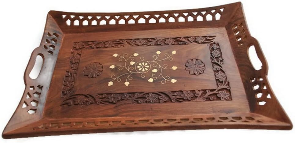 StarZebra- Table Essentials Wooden Handmade Ottoman Serving Tray with Brass Etchings and Lattice Work From India