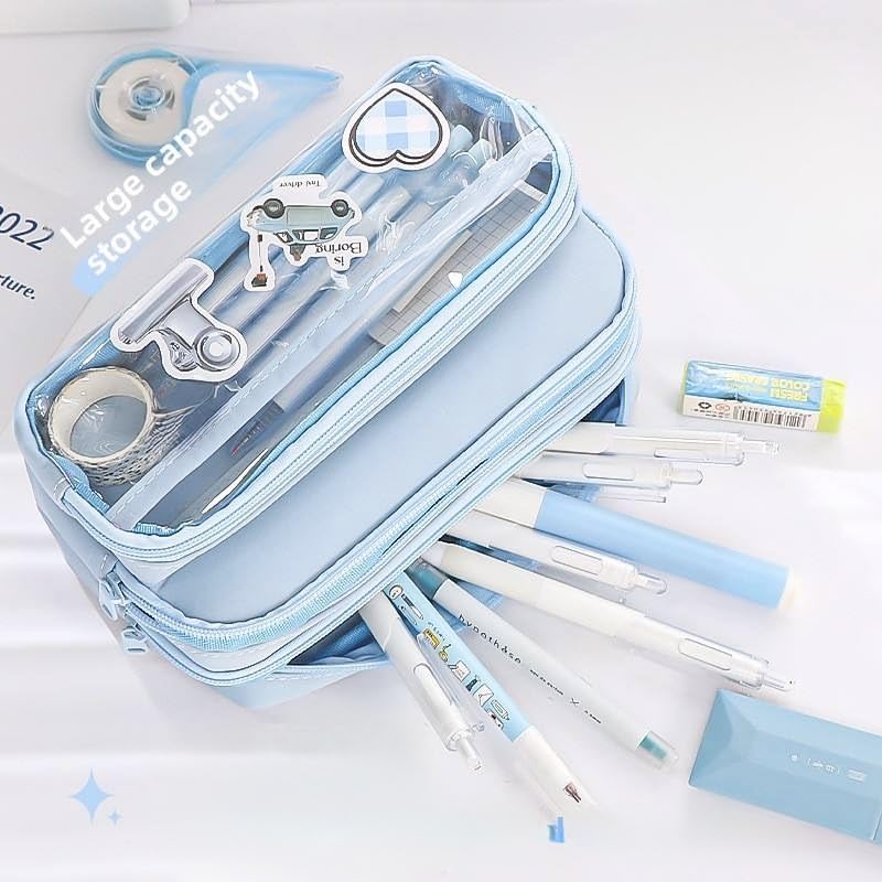 Image of U & U UNIQUE UTILITIES Pencil Pouch for Girls Aesthetic | Large Capacity Pencil Case | Cute Pouches for School Girls | Pouch for Stationery (Baby Blue)