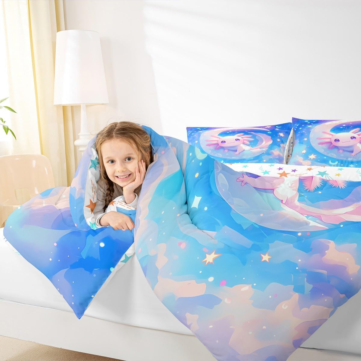 Feelyou Cartoon 3D Print Axolotl Bedding Set for Boys Girls,Cute Ocean Animal All Season Cozy Comforter Set Twin Size,Cute Axolotl Duvet Set Bedroom Decor,Personalized Birthday Gifts