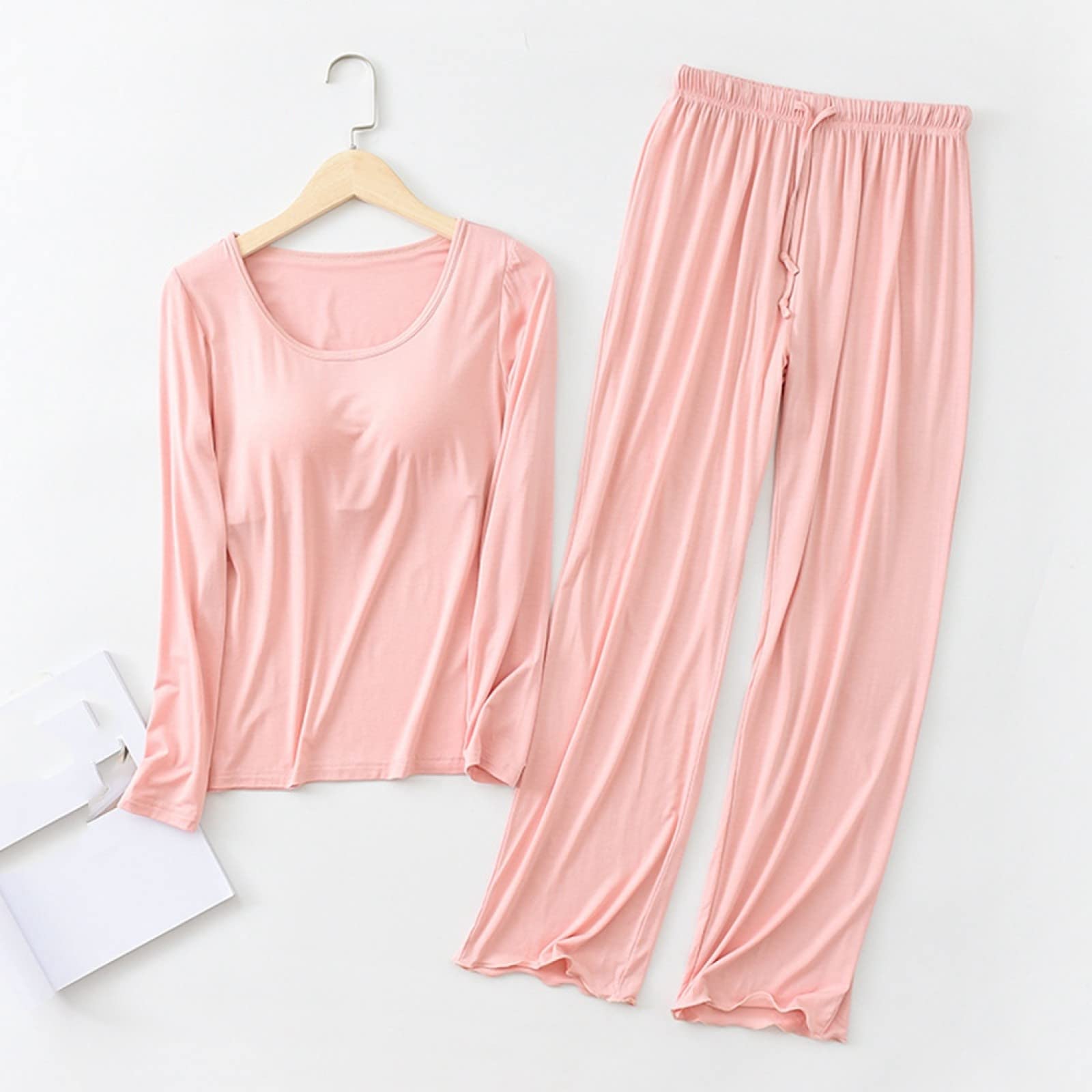 Pijama de Franela para Invierno y otoño para Mujer y Hombre, Conjunto de Sujetador y Almohadillas de algodón para Mujer, Moda Rosa, Manga Larga + pantalón Ajustado, Cuello Redondo,