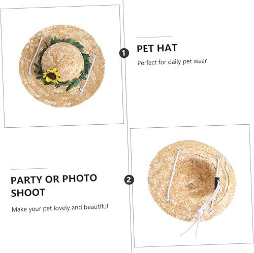 Miniatura 3 de Balacoo Sombrero de girasol tejido de paja para mascotas, gato y perro, adorable decoración para mascotas, fácil de usar