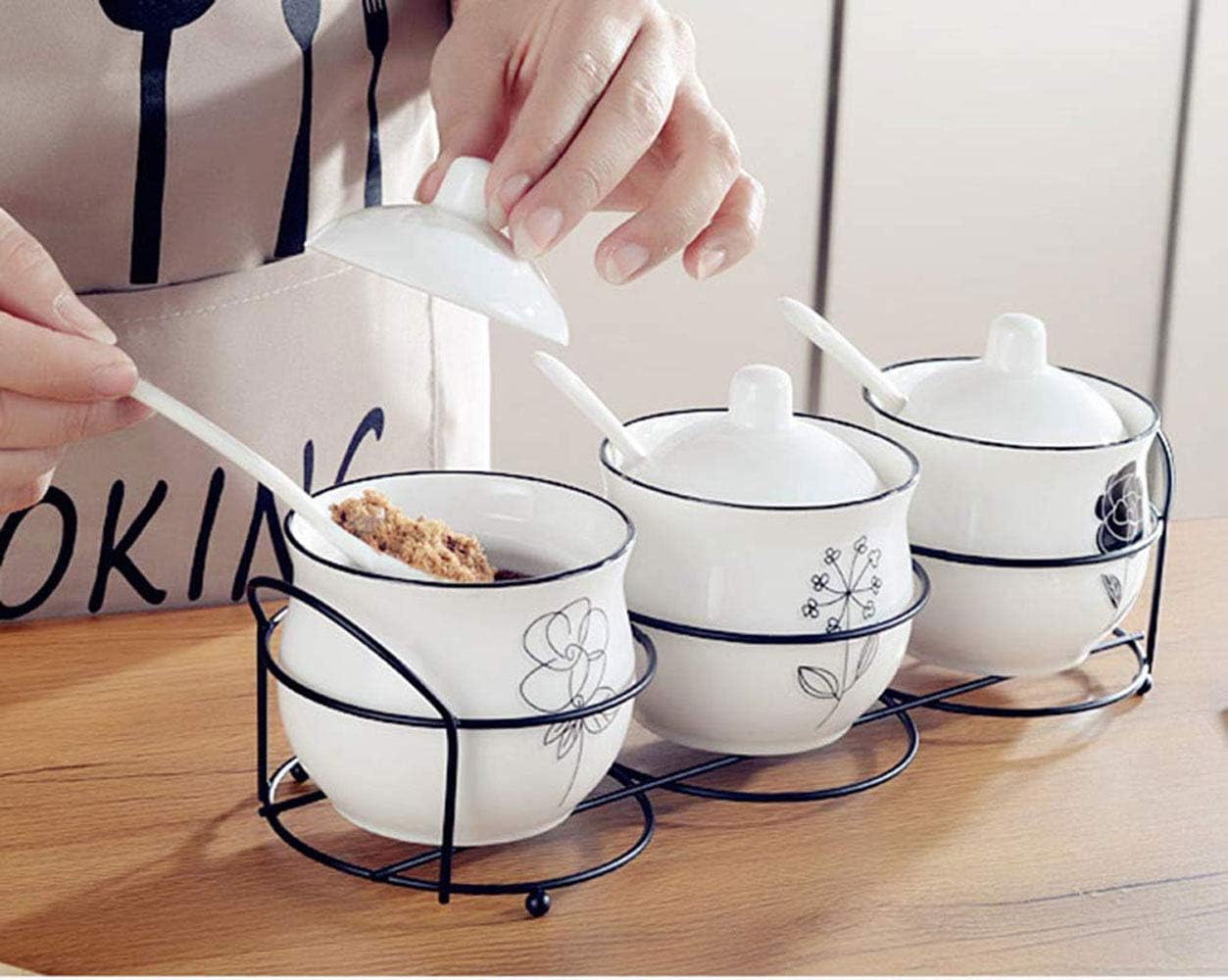 Spice Container Set of 3 White Ceramic Condiment Jar Kitchen Seasoning Box with Iron Shelf and Lid, Spoons for Sugar Salt Pepper, Coffee andTea Herbal Herb