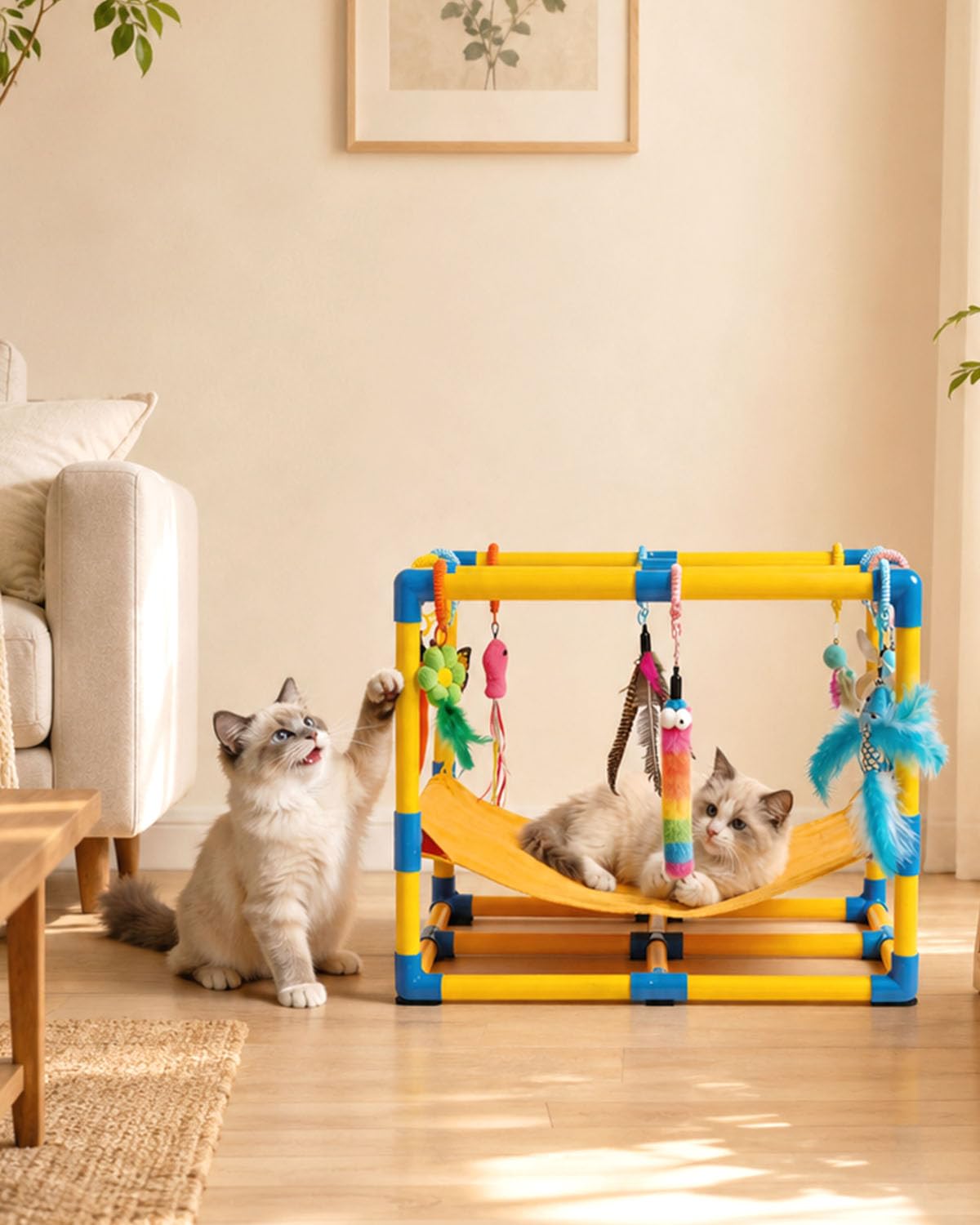 Gimnasio para Gatos con 10 Juguetes Interactivos Colgantes y Hamaca Cómoda | Centro de Actividades para Gatos de Interior, Estructura de PVC, 10 Cuerdas de Resorte, Parque de Juegos para Gatitos y Gatos