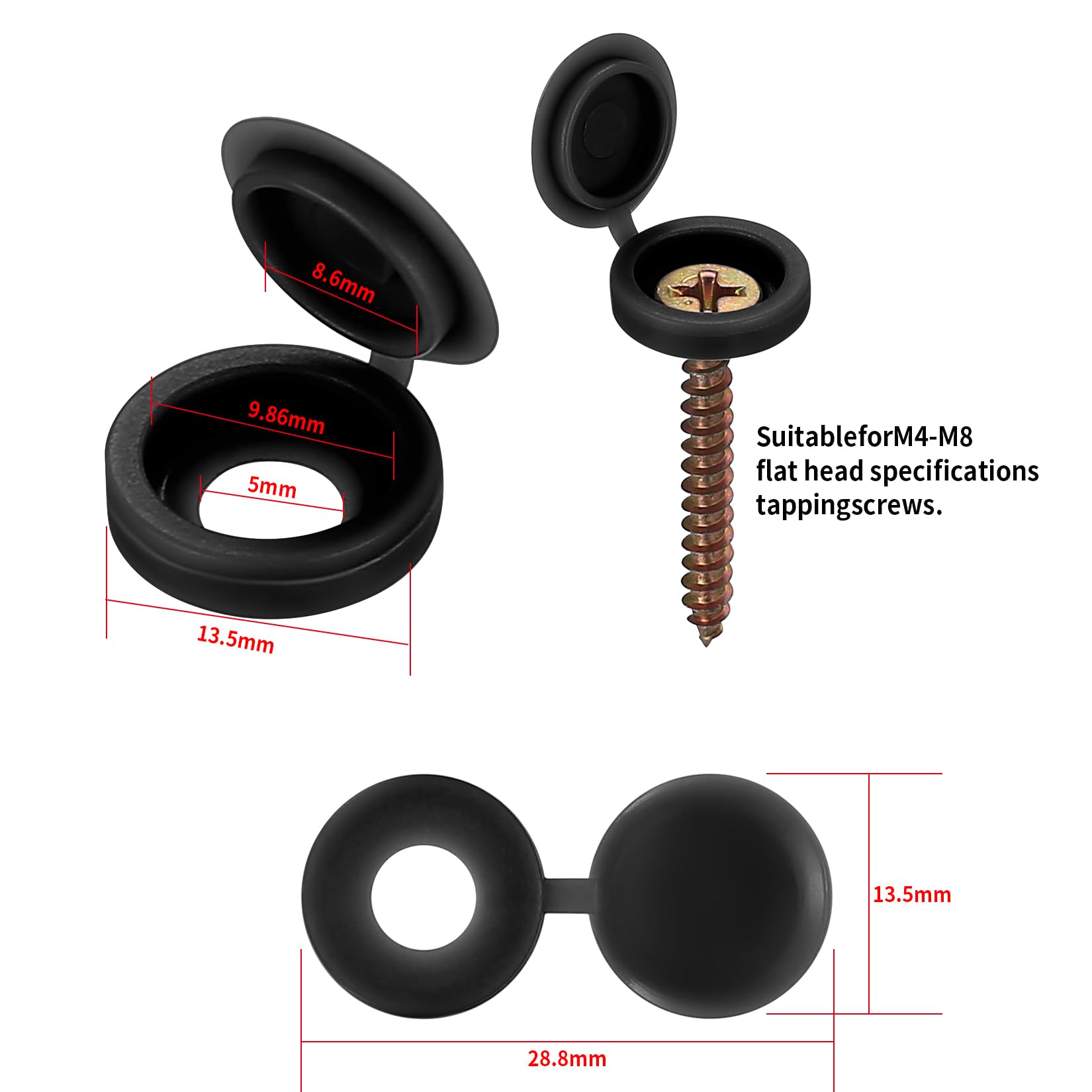 250 Plastic Screw Caps - Black, Folding Hinged Covers, Protect Screw Heads - 5mm, Universal - Image 2