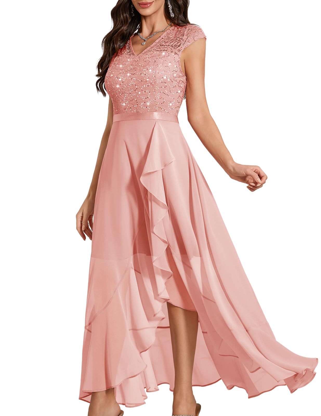 Bbonlinedress Vestido formal de cóctel para mujer, con lentejuelas, encaje floral, boda, dama de honor, graduación, cuello en V, manga casquillo