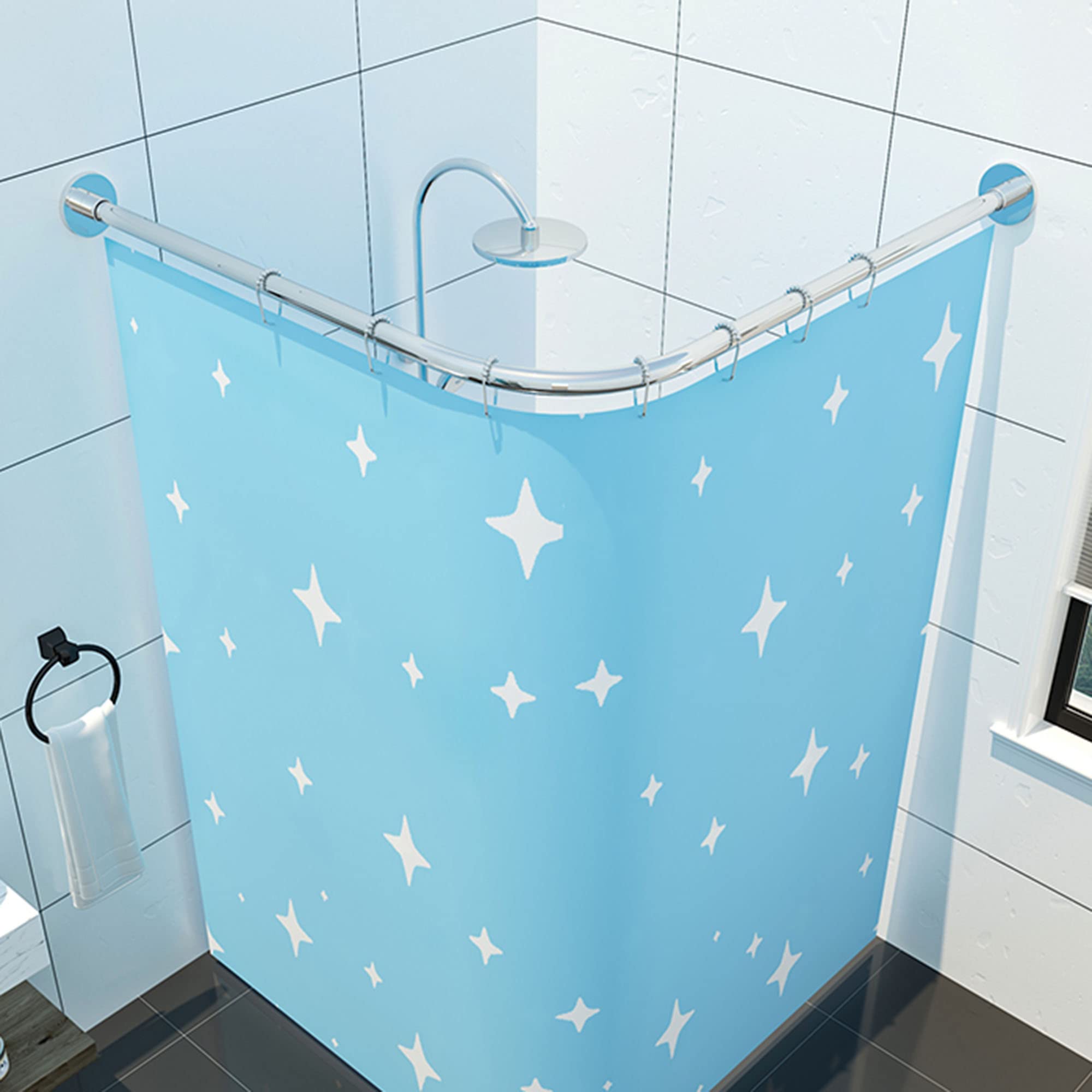 Barra de cortina de ducha de esquina en forma de L, barra de cortina de ducha telescópica sin taladro para baño, barra de cortina de ducha curva montada en la pared de acero inoxidable Comfortable