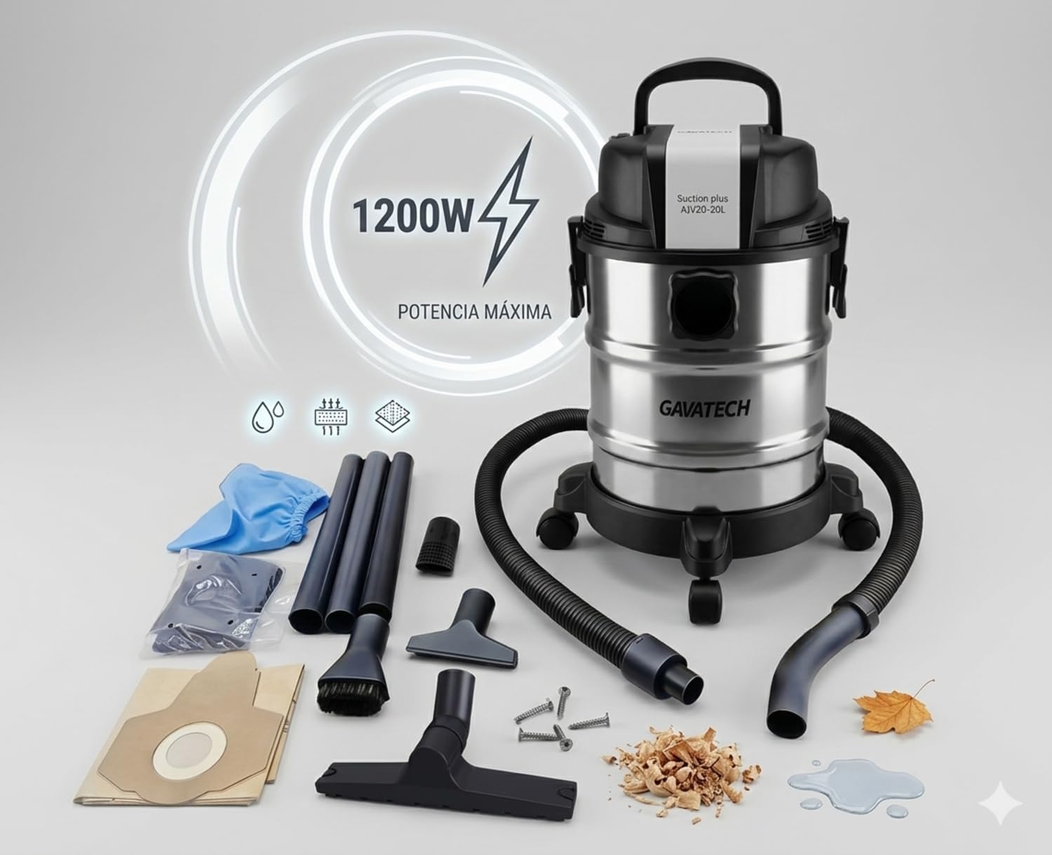 Aspiradora Multifunción,solidos y liquidos, 20L, 1250W, con 4 Cepillos y numerosos Accesorios. Aspiradora de humedo y seco. Funciona con Bolsa y sin Bolsa. Funcion de succion y de soplado.