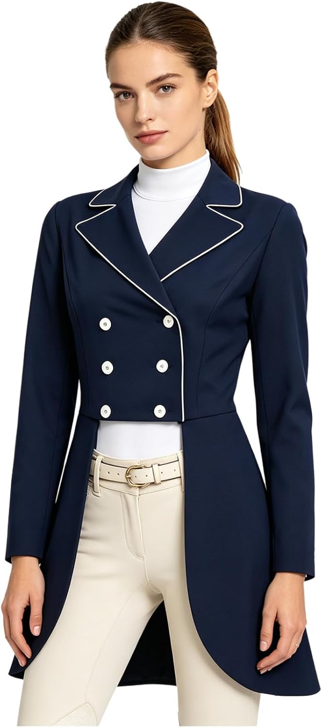 Women Horseback Riding Jacket Training Wear Lapel Collar Double Breast Long Sleeve Swallowtail Suit Navy Blue 3 Years